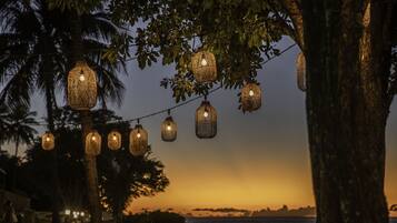 String lights hanging from trees against a sunset backdrop.