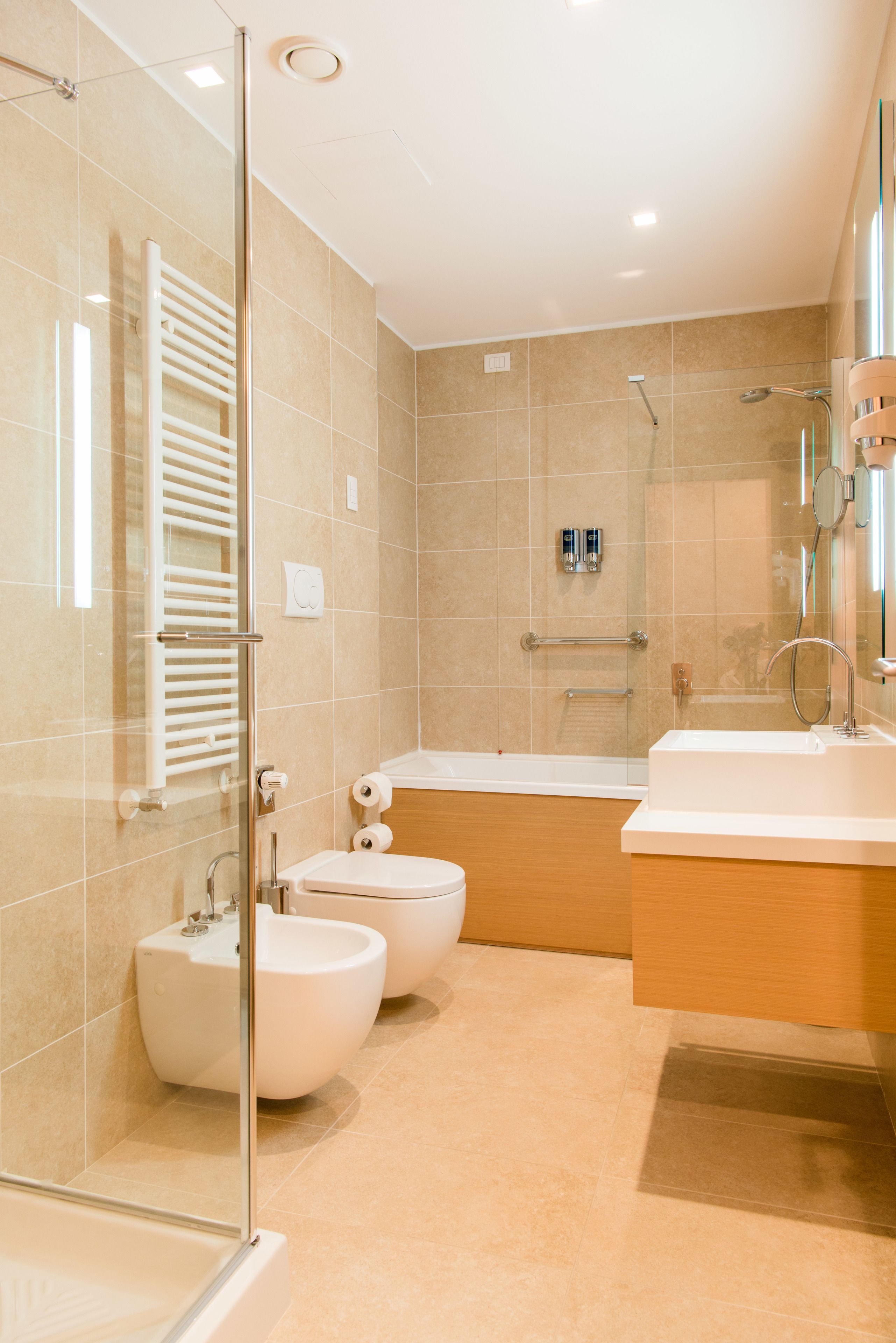 free toiletries, hair dryer, bidet, towels