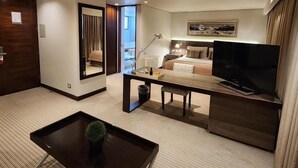 A hotel room with a bed, a TV, a desk with a plant, a mirror, and a carpeted floor. - Hotel los Españoles Plus (Santiago)
