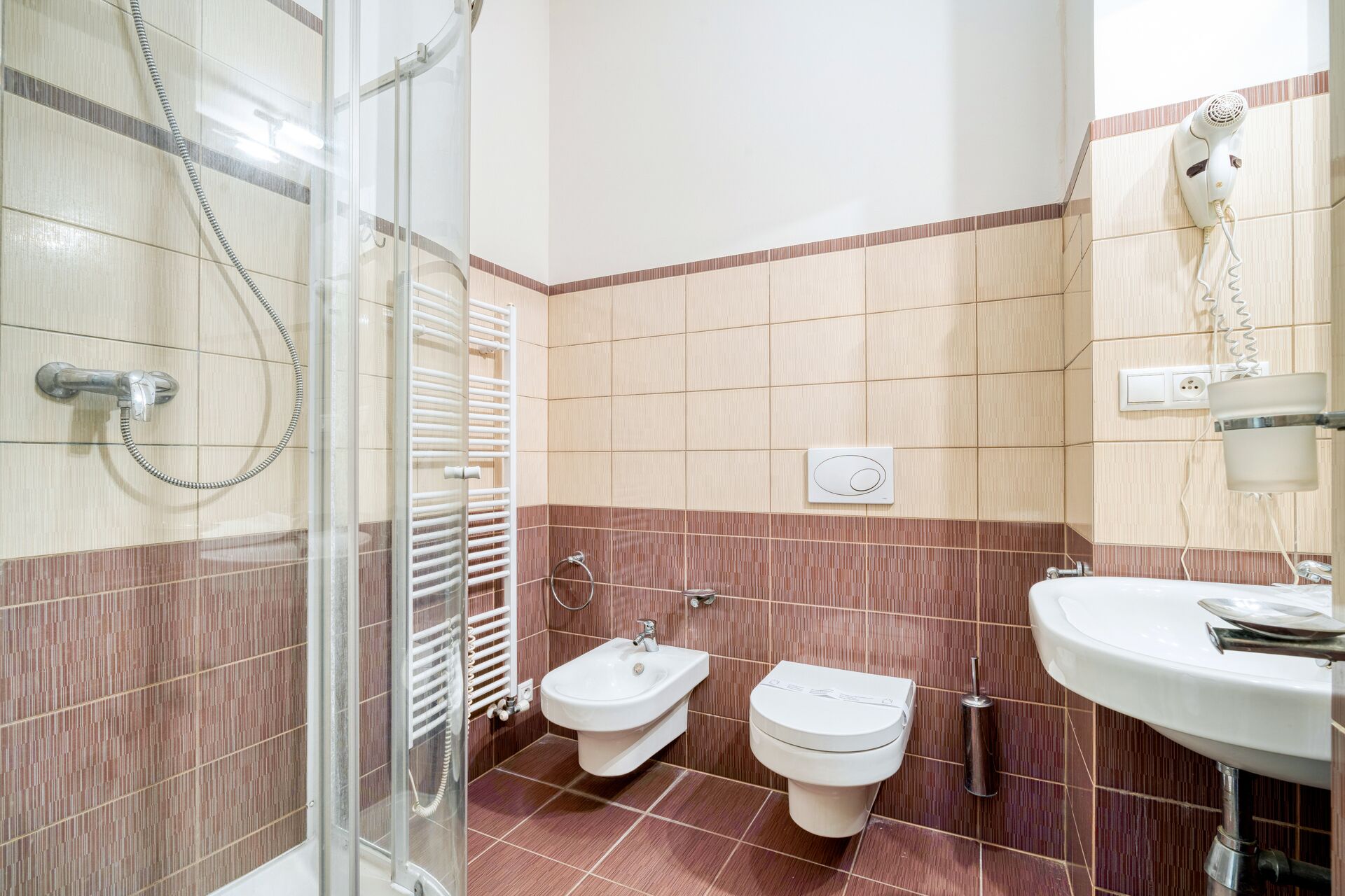 free toiletries, hair dryer, bidet, towels