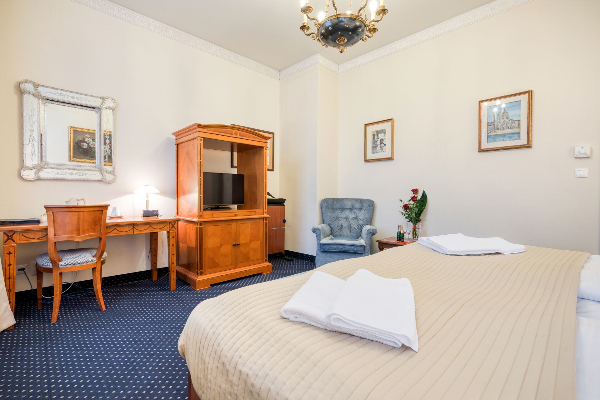 premium bedding, down duvets, desk, laptop workspace