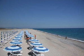 A beach with rows of sunbeds and umbrellas, a clear sky, and the ocean in the background.