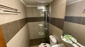 Shower, free toiletries, hair dryer, towels