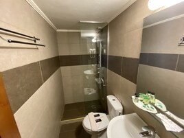 Shower, free toiletries, hair dryer, towels