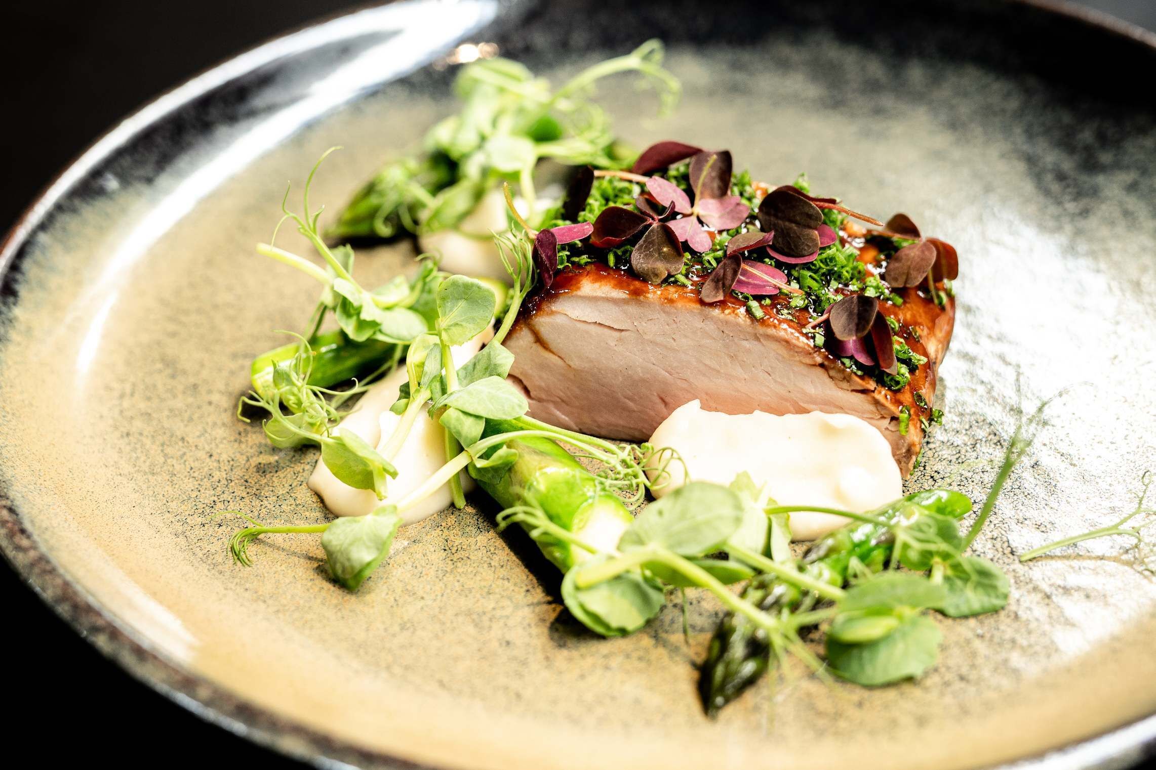 A plate with a piece of meat, greens, and a creamy sauce.