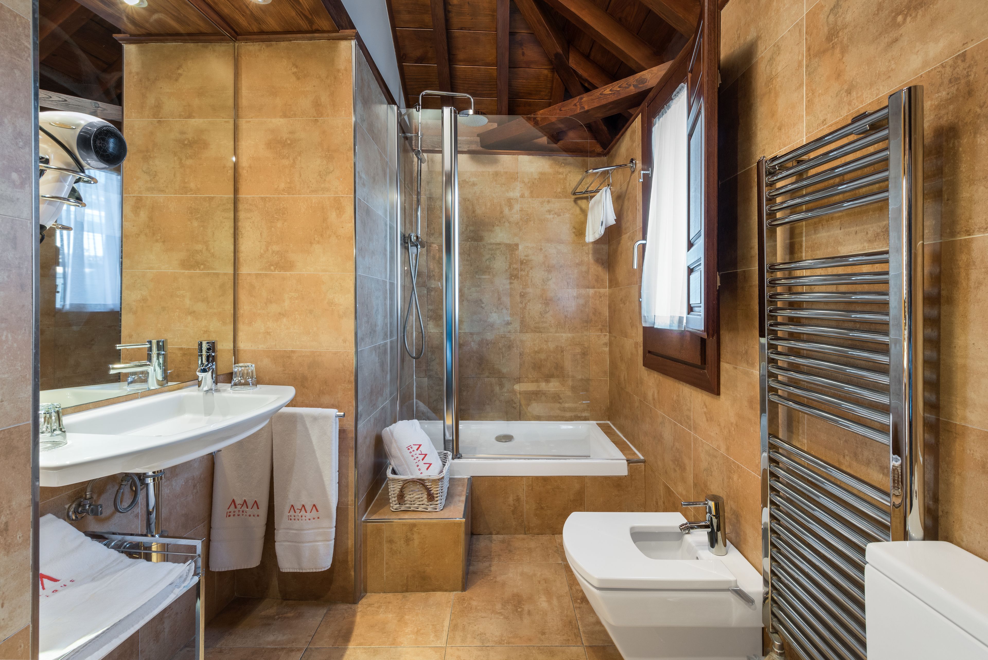 free toiletries, hair dryer, bidet, towels