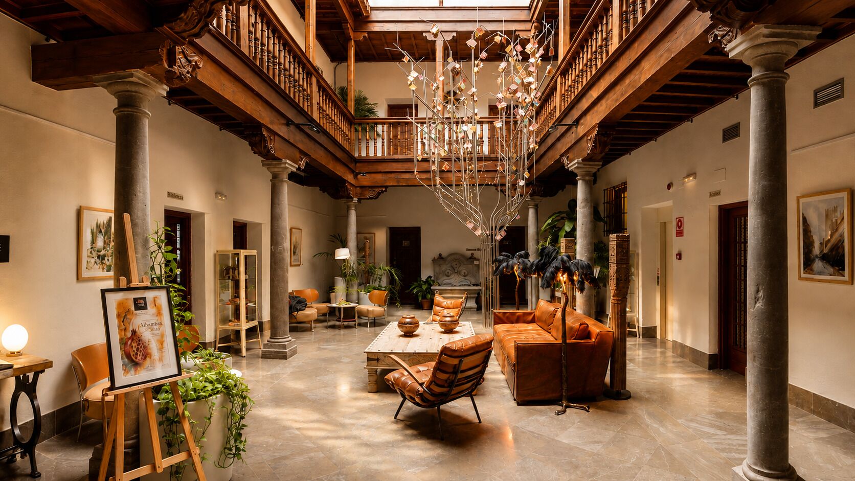 Un interior espacioso con techo alto, balcones de madera, una lámpara central y un comedor con mesa y sillas.