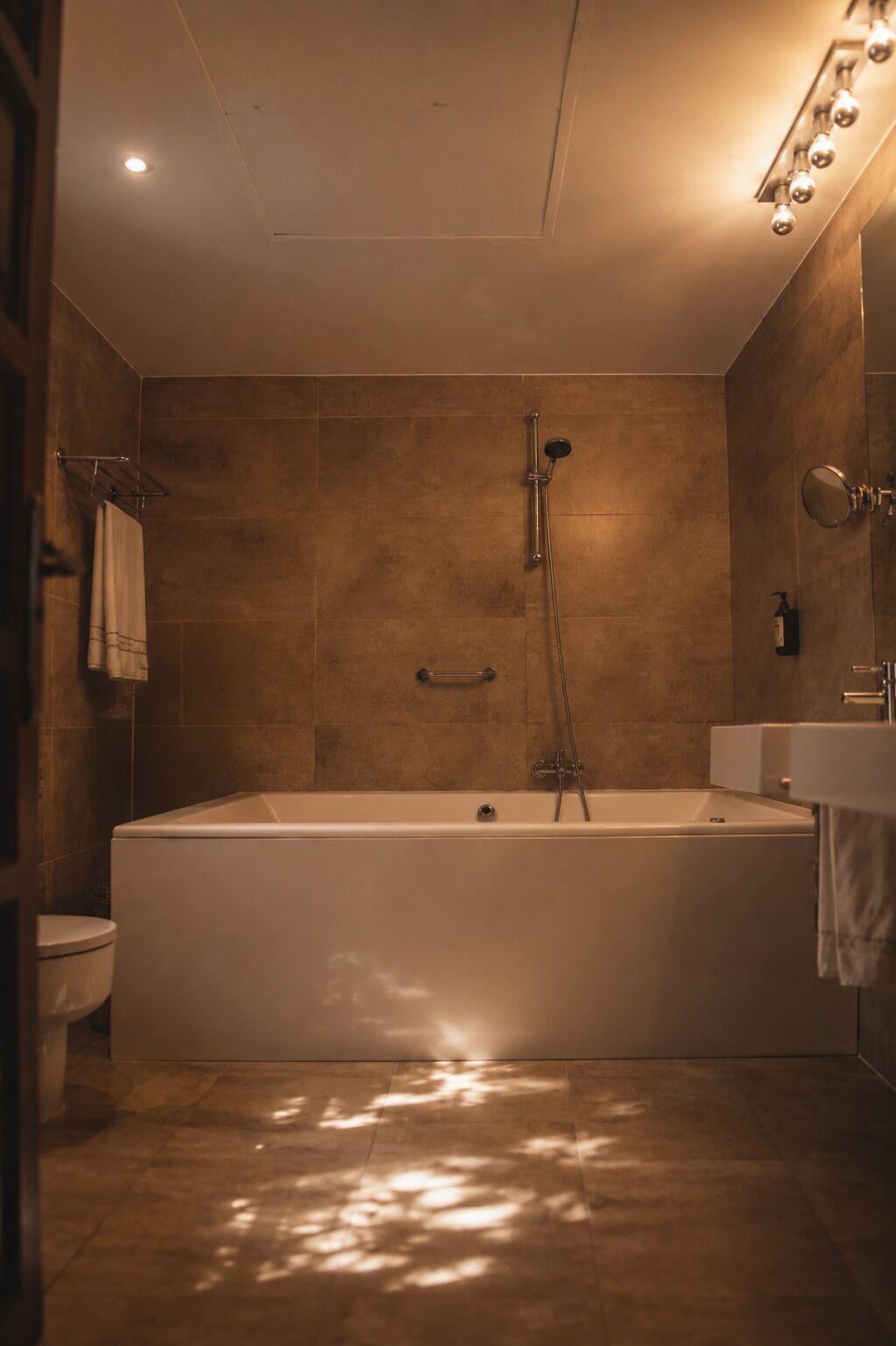 A modern bathroom with a freestanding bathtub, a showerhead, and a toilet.