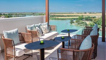 Seasonal outdoor pool, pool umbrellas, pool loungers