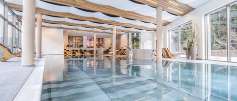 Indoor pool, outdoor pool, open 7:30 AM to 10 PM, pool umbrellas