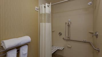 Ein Badezimmer mit Dusche, Haltegriffen, Handtuchhalter und Toilette mit Sicherheitsbügel.