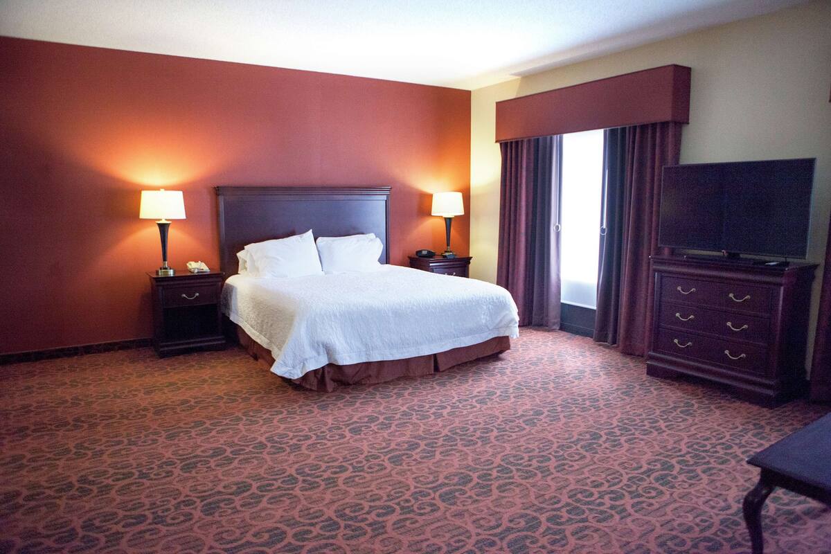 Habitación de hotel con una cama grande, dos mesitas de noche con lámparas, un aparador y un televisor.