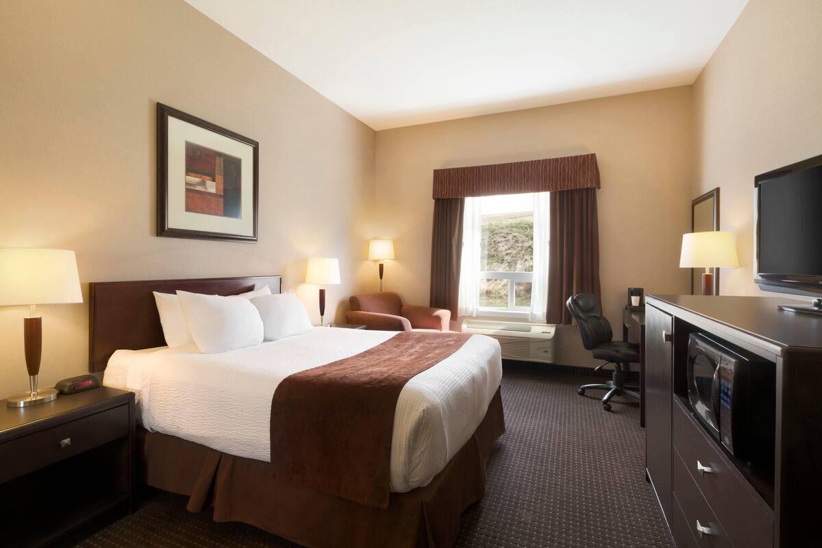 A hotel room with a bed, two chairs, a desk with a TV, a window with curtains, and a framed picture on the wall.