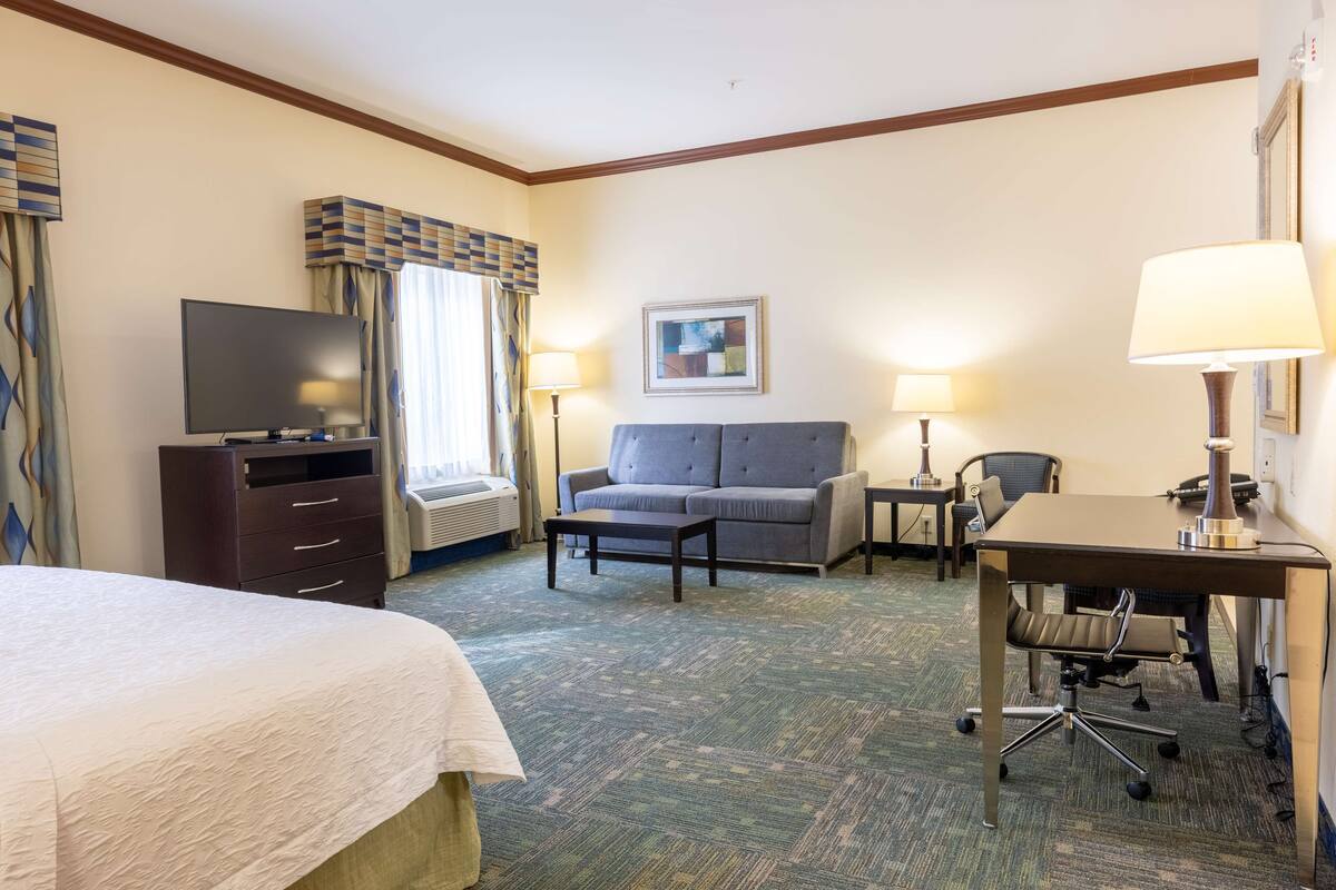 Une chambre d’hôtel comprenant un lit, un bureau, un canapé, une télévision et deux lampes.