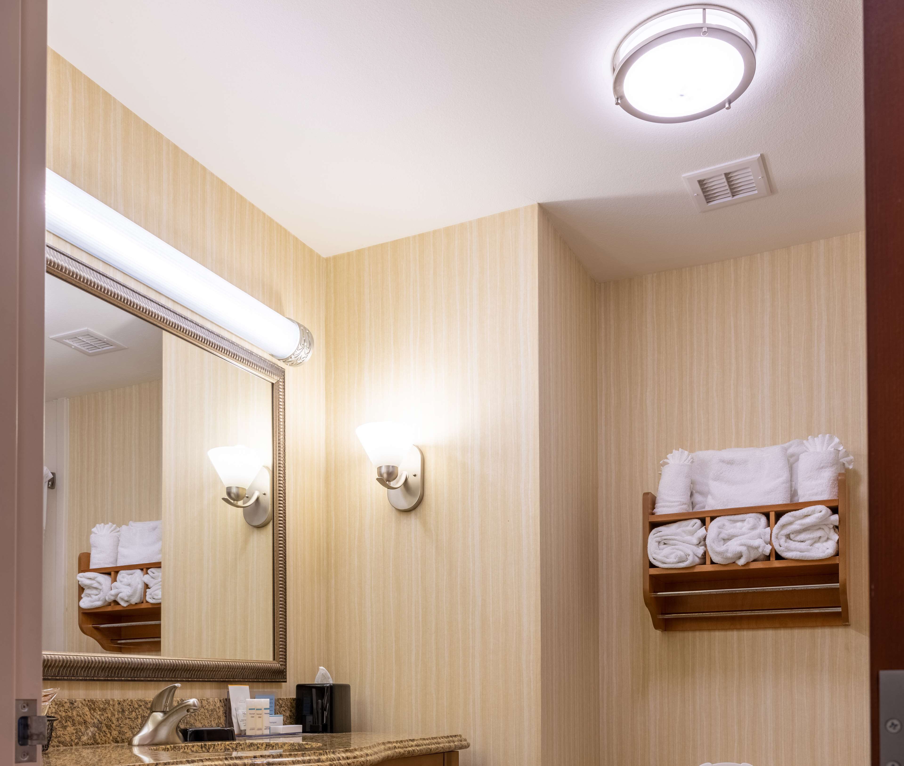 A bathroom with a mirror, vanity, towel rack, and a ceiling light.