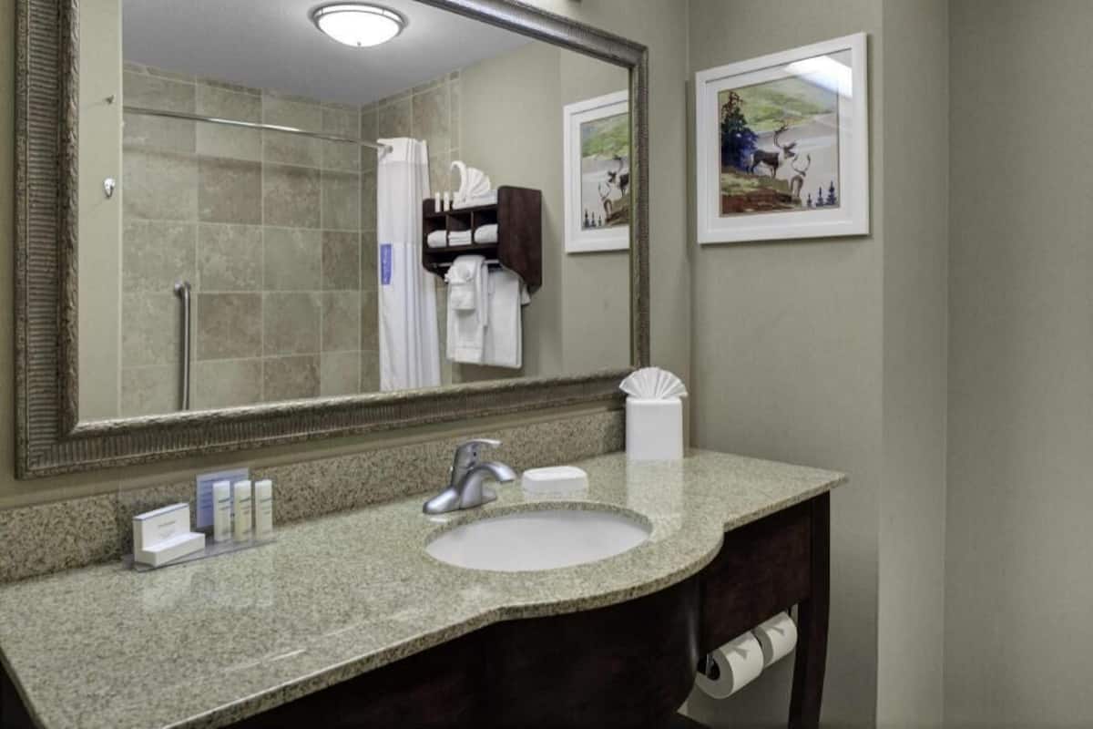 A bathroom with a granite countertop, a sink, a mirror, a towel rack, and two framed pictures on the wall.