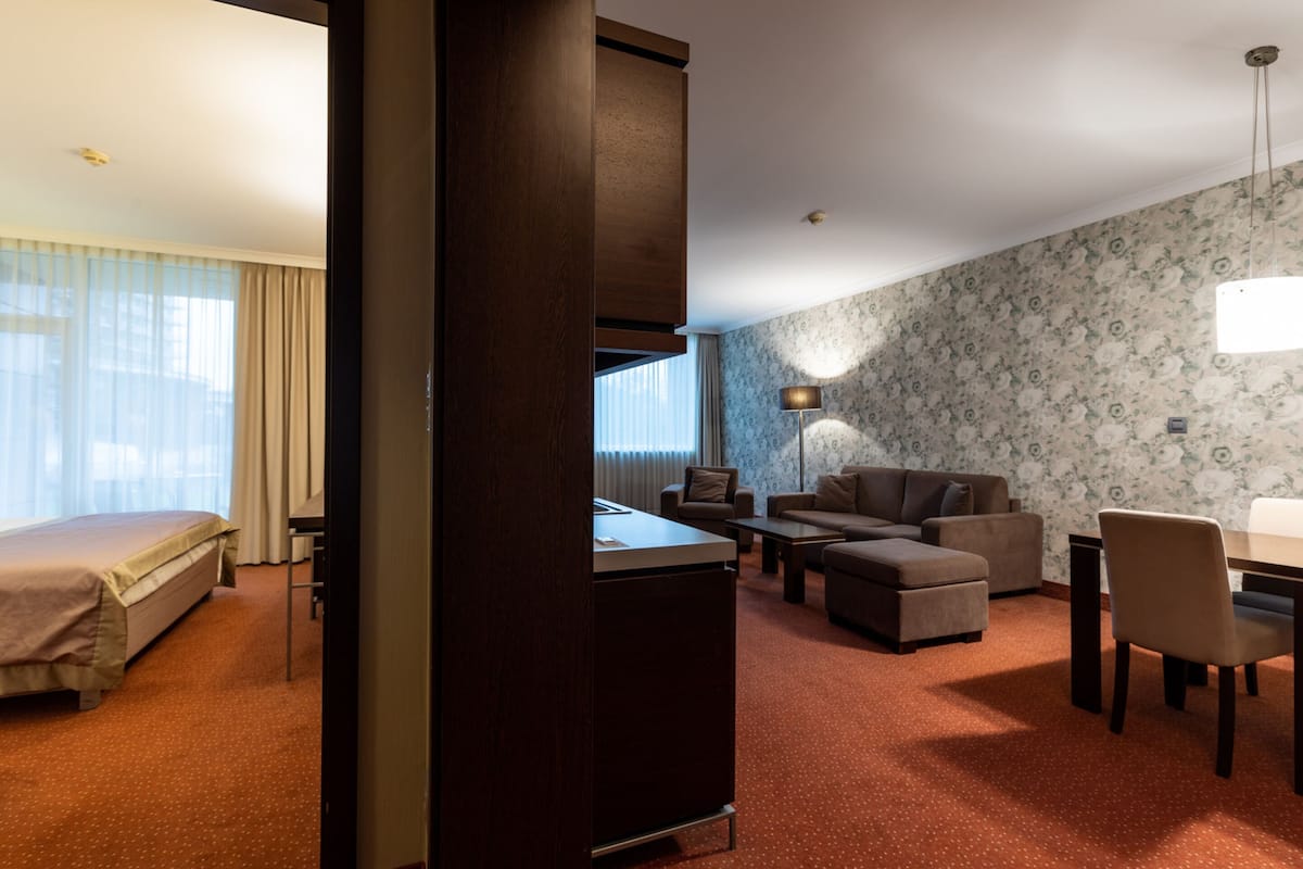 A hotel room with a bed, a desk, a sofa, and a dining area.