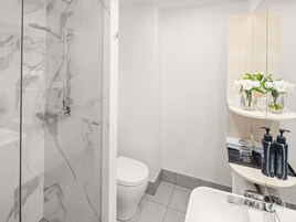 A modern bathroom with a glass-enclosed shower, a white toilet, and a vanity with a mirror and toiletries.
