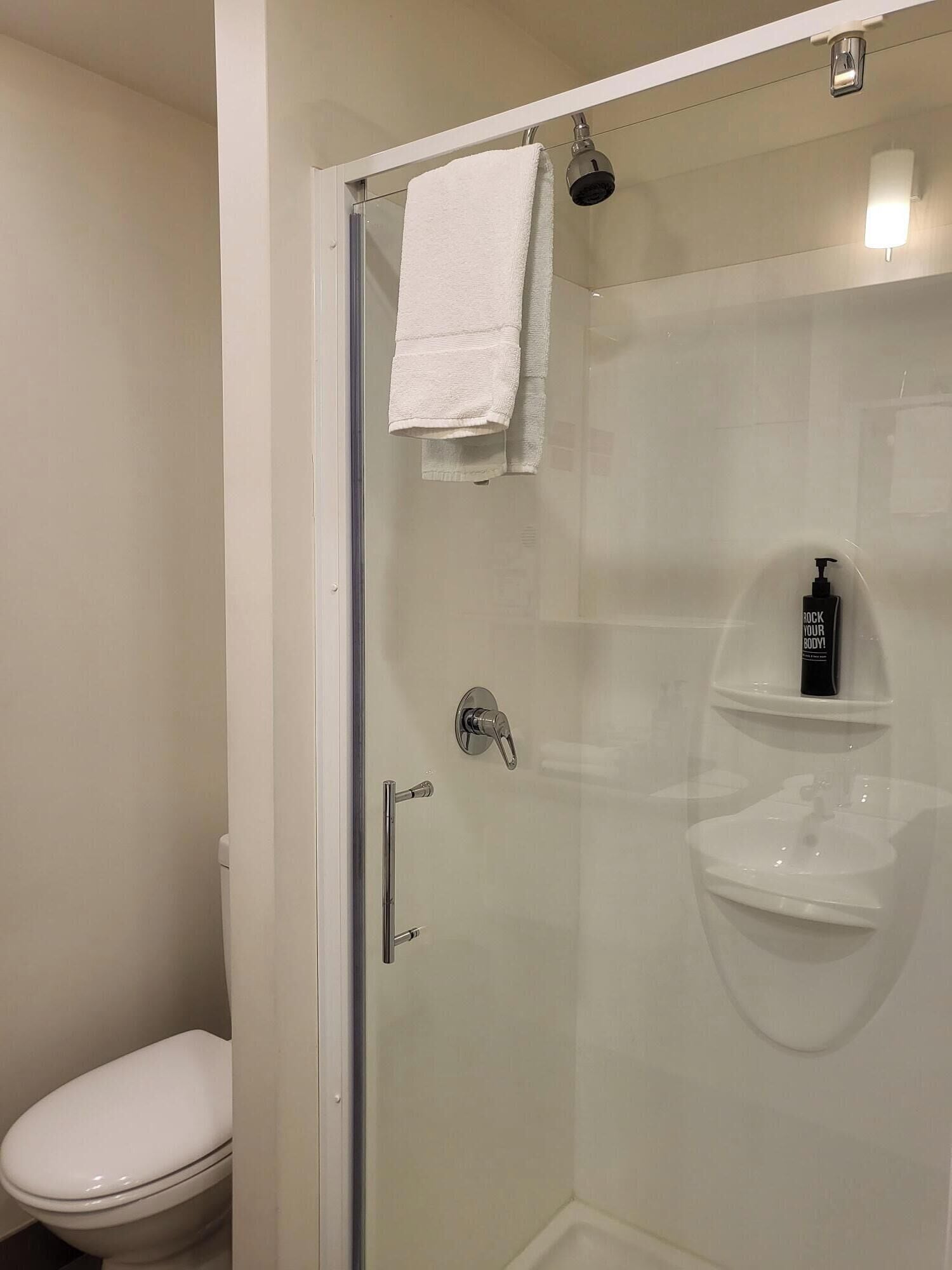 A modern bathroom with a glass-enclosed shower, a white toilet, and a shelf with toiletries.