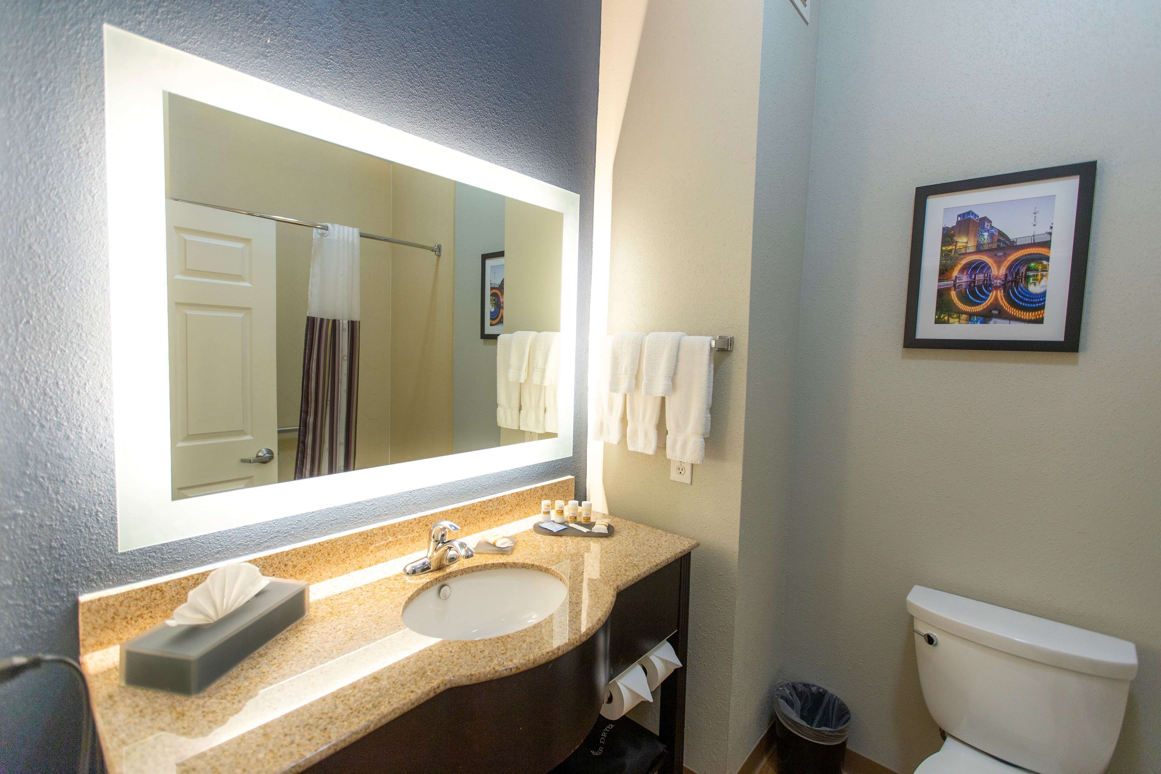 combined shower/bathtub, free toiletries, hair dryer, towels