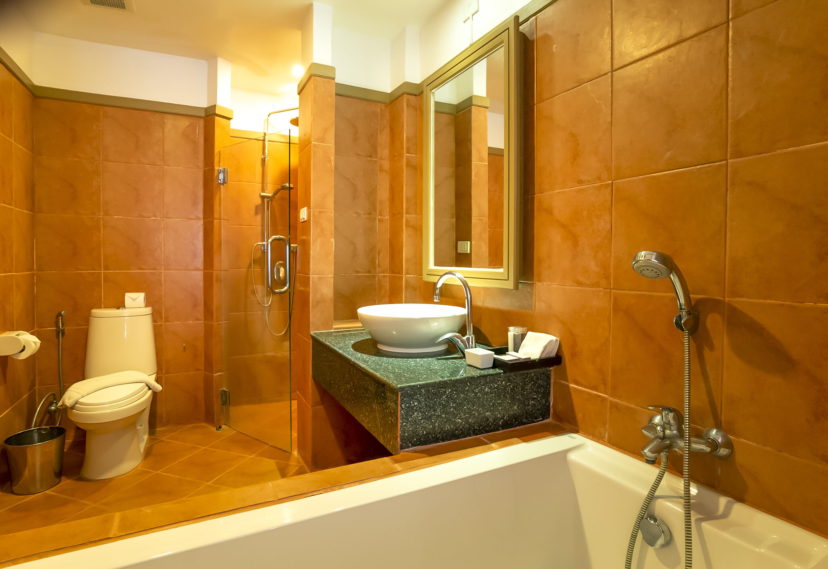 free toiletries, hair dryer, slippers, towels