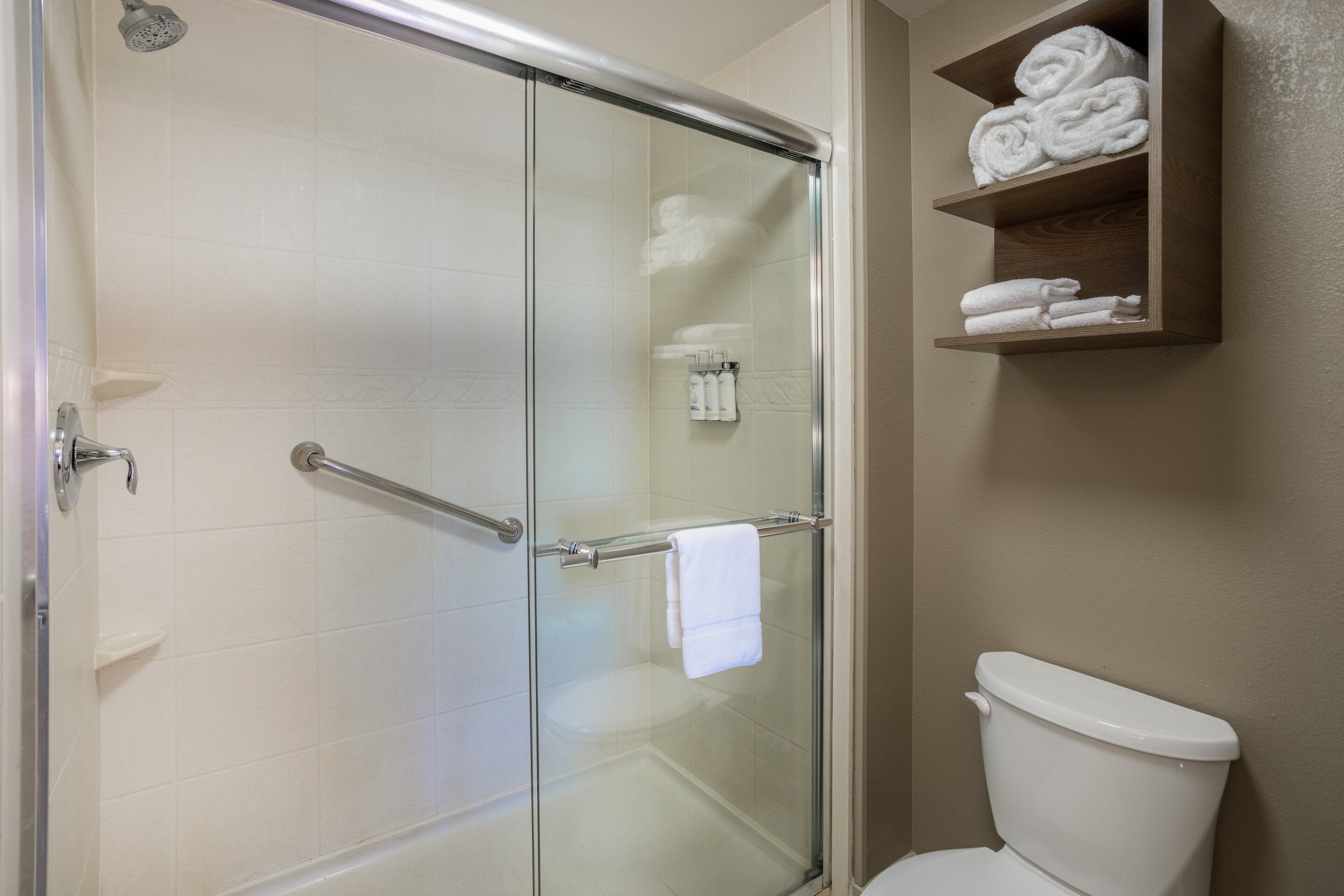 A bathroom with a glass-enclosed shower, a toilet, and a shelf with folded towels.
