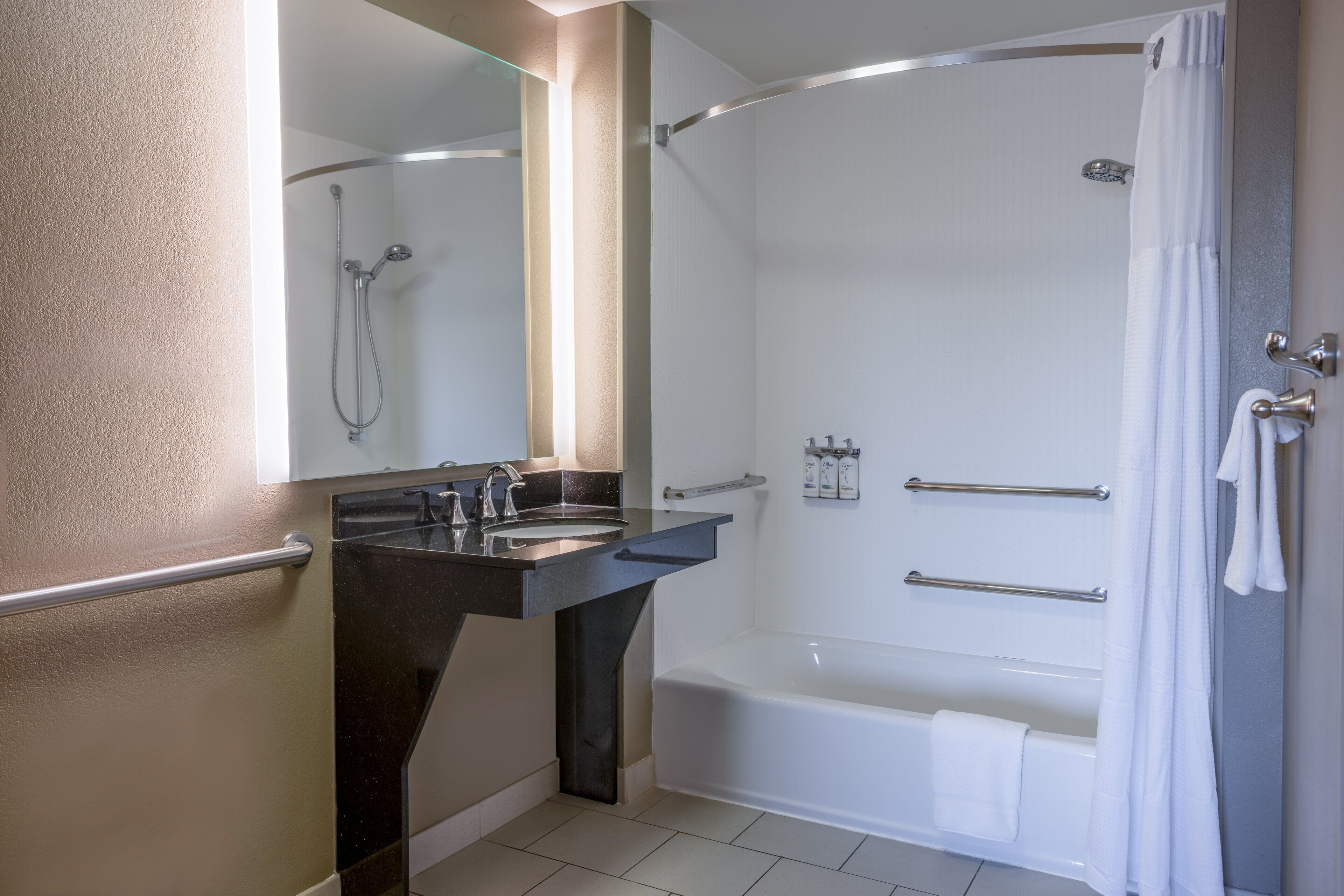 studio suite, 1 king bed, accessible, kitchen (accessible tub) | bathroom | hair dryer, towels