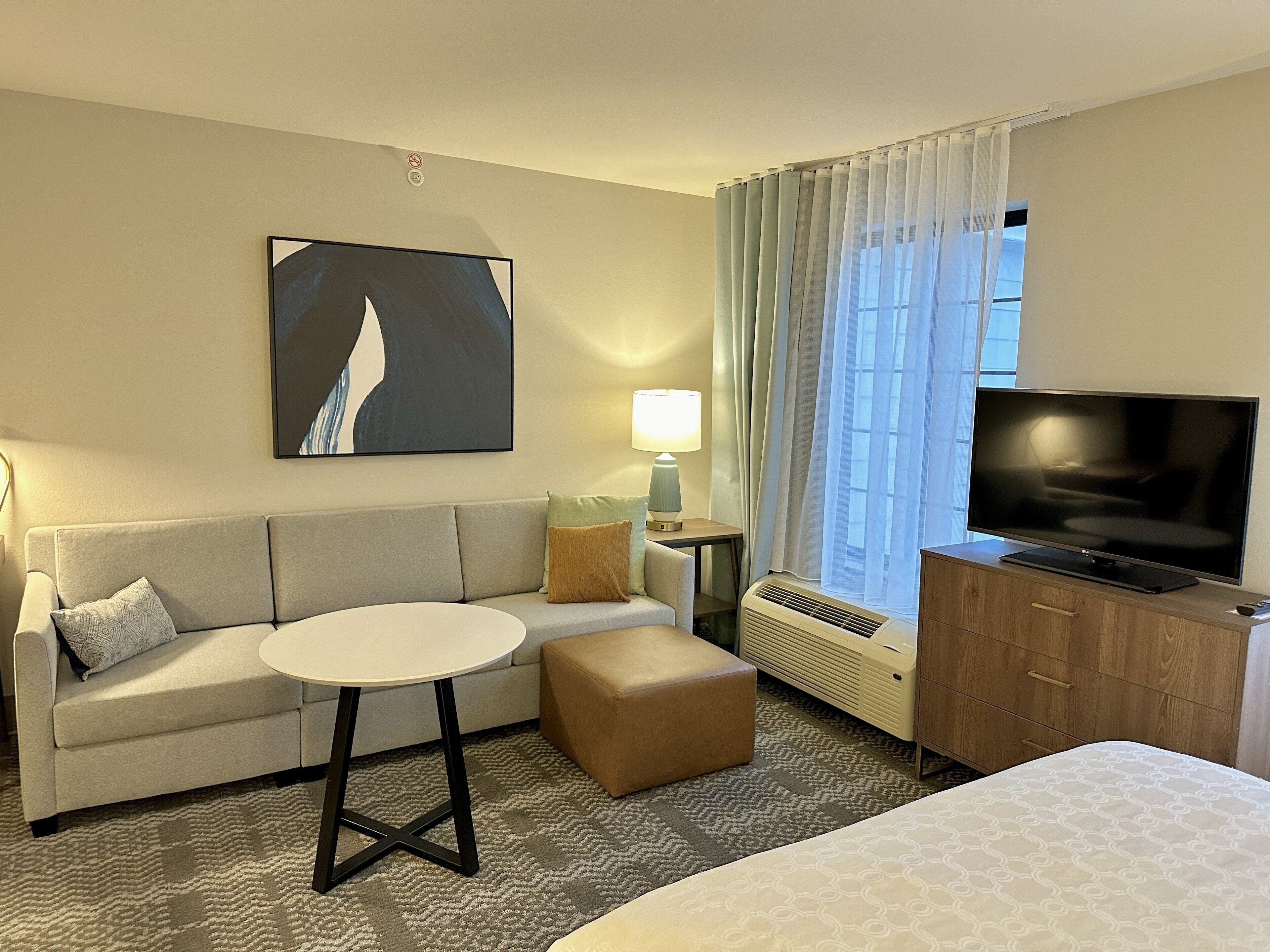 premium bedding, desk, blackout curtains, iron/ironing board