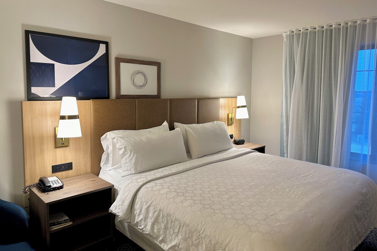A hotel room with a large bed, two bedside lamps, a nightstand with a phone, a framed picture above the bed, and a window with curtains.