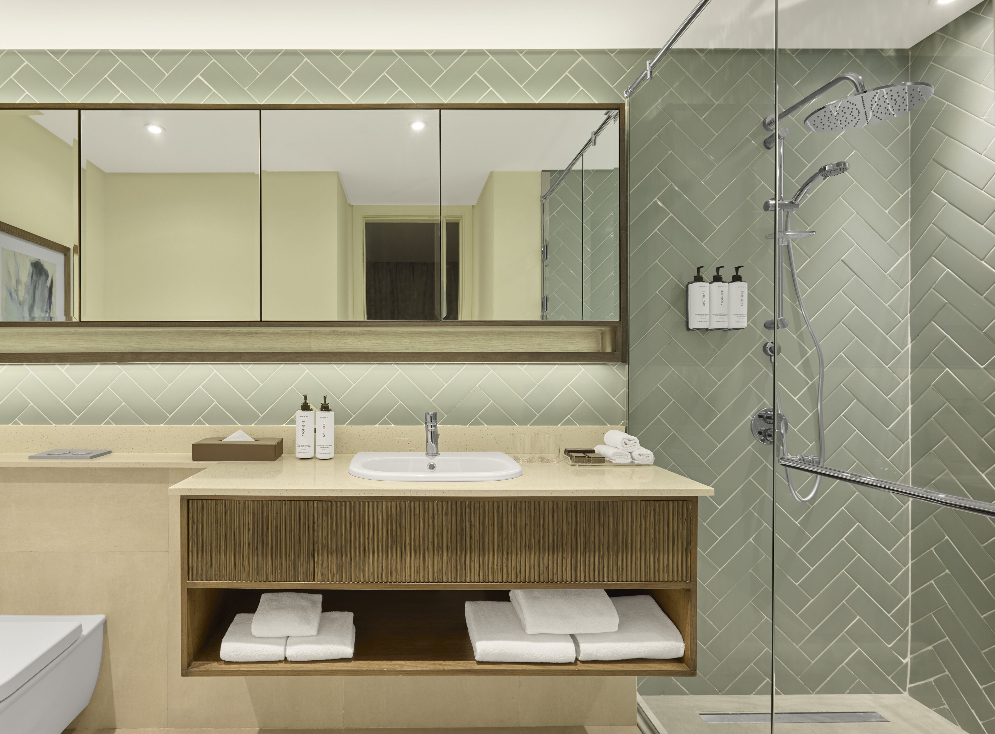 Une salle de bain moderne avec un grand miroir, un lavabo, une douche avec une porte en verre et un meuble-lavabo en bois sur lequel sont posées des serviettes.