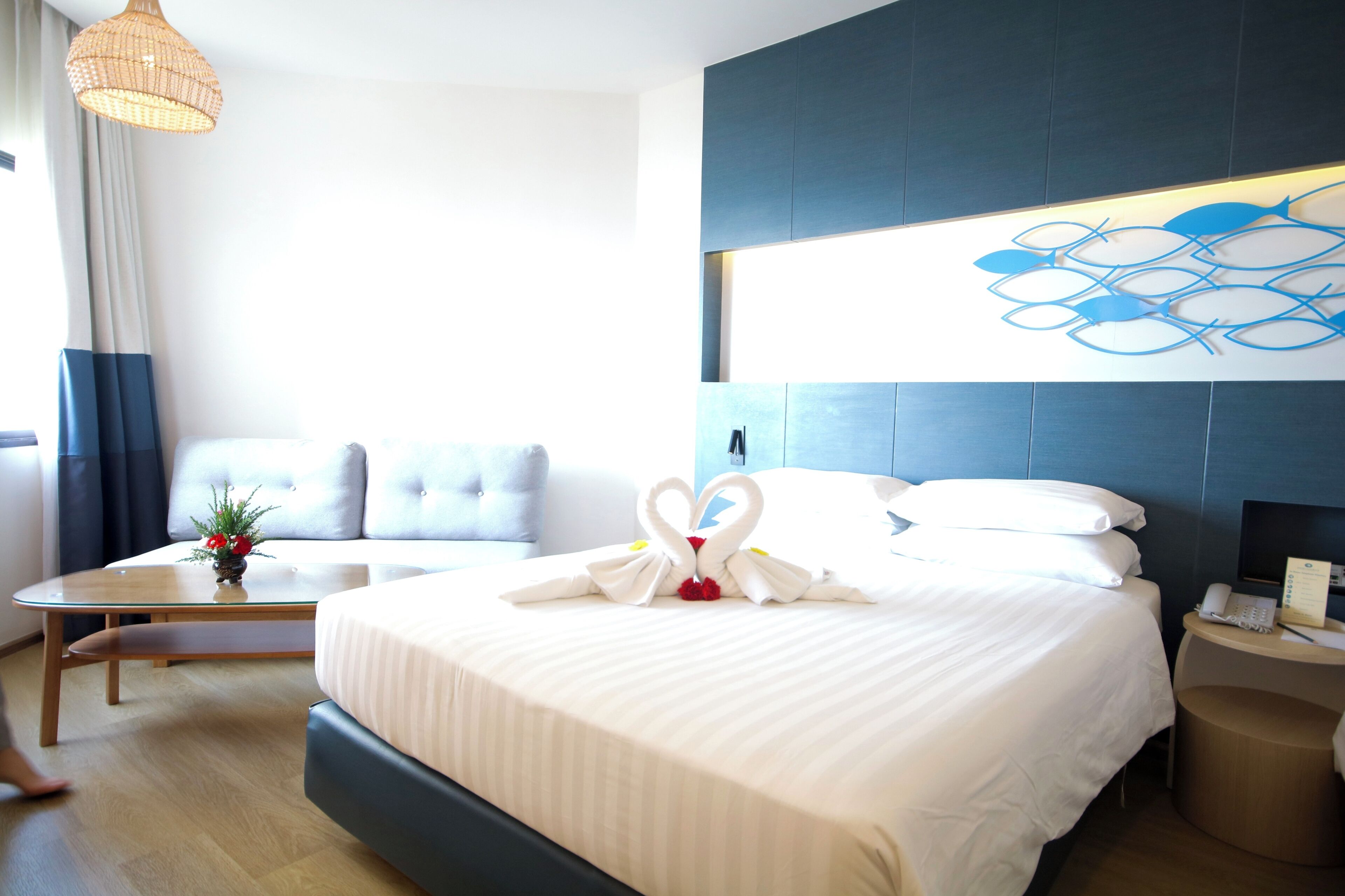 Desk, laptop workspace, free WiFi, bed sheets