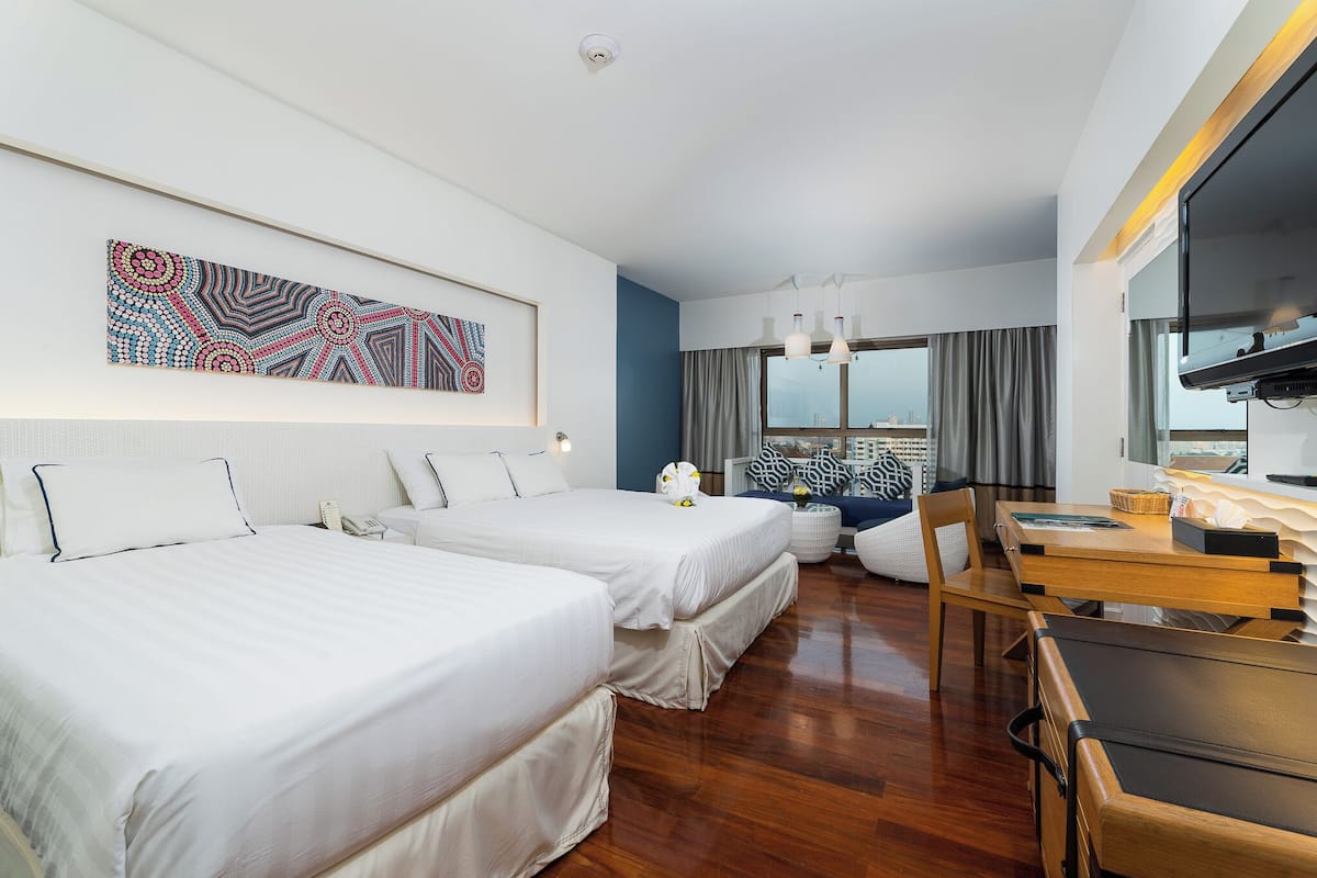 Desk, laptop workspace, free WiFi, bed sheets
