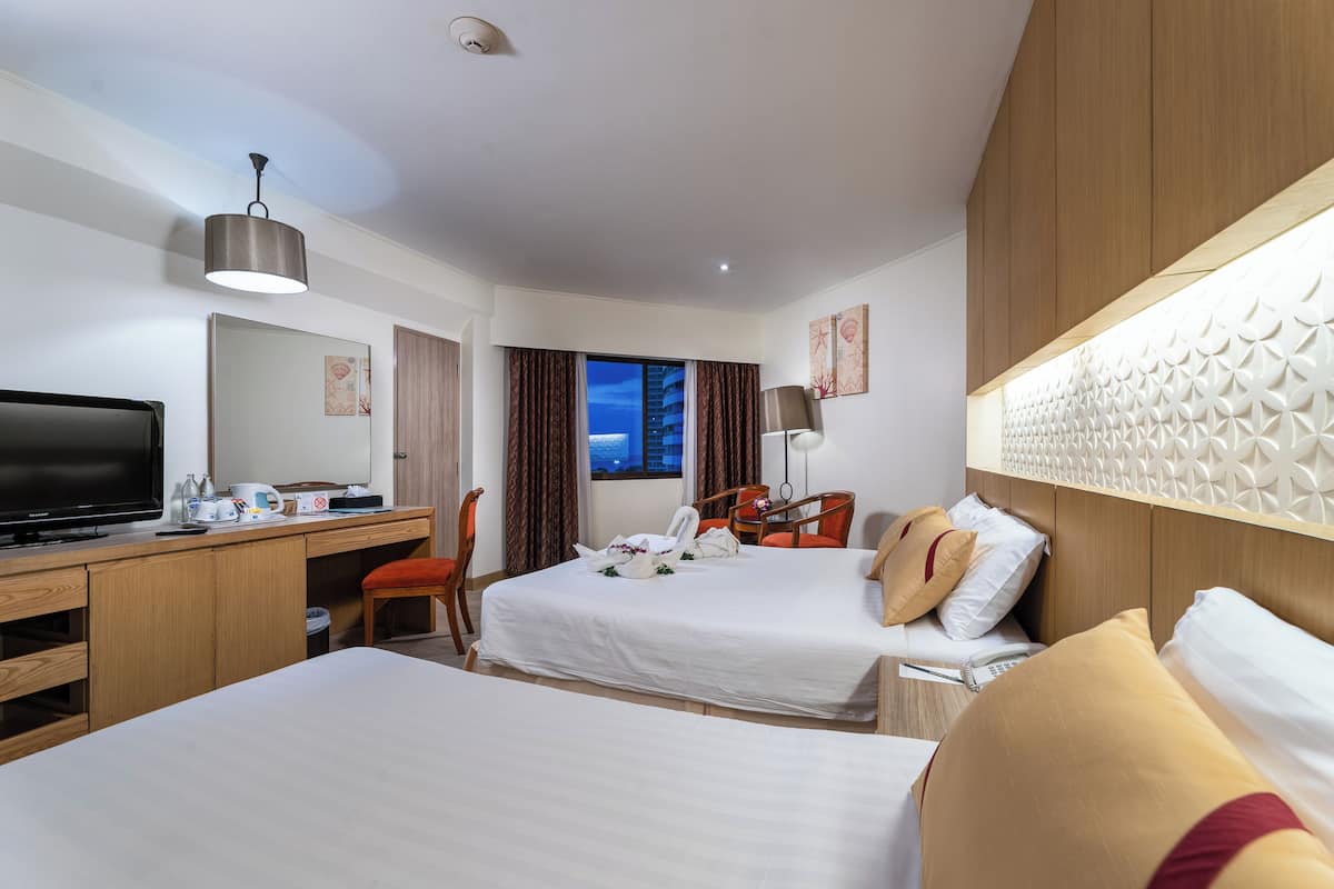 Desk, laptop workspace, free WiFi, bed sheets