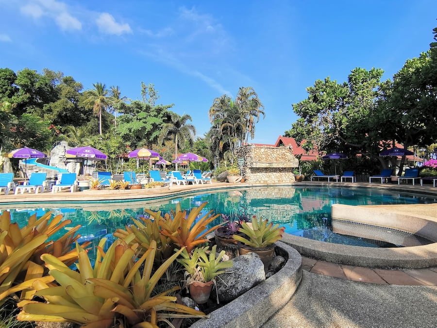 Una piscina al aire libre, sombrillas, tumbonas