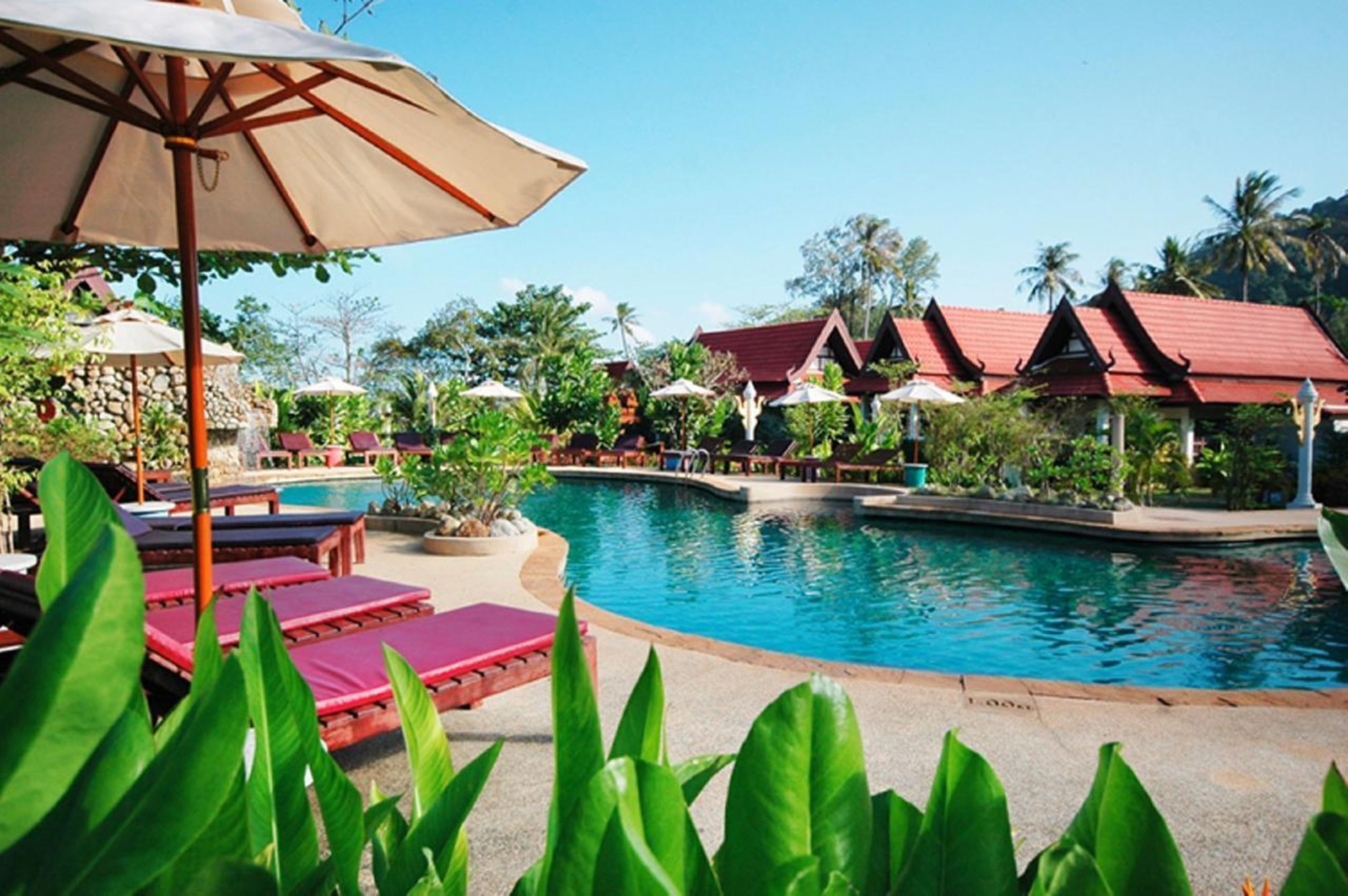 outdoor pool, pool umbrellas, pool loungers