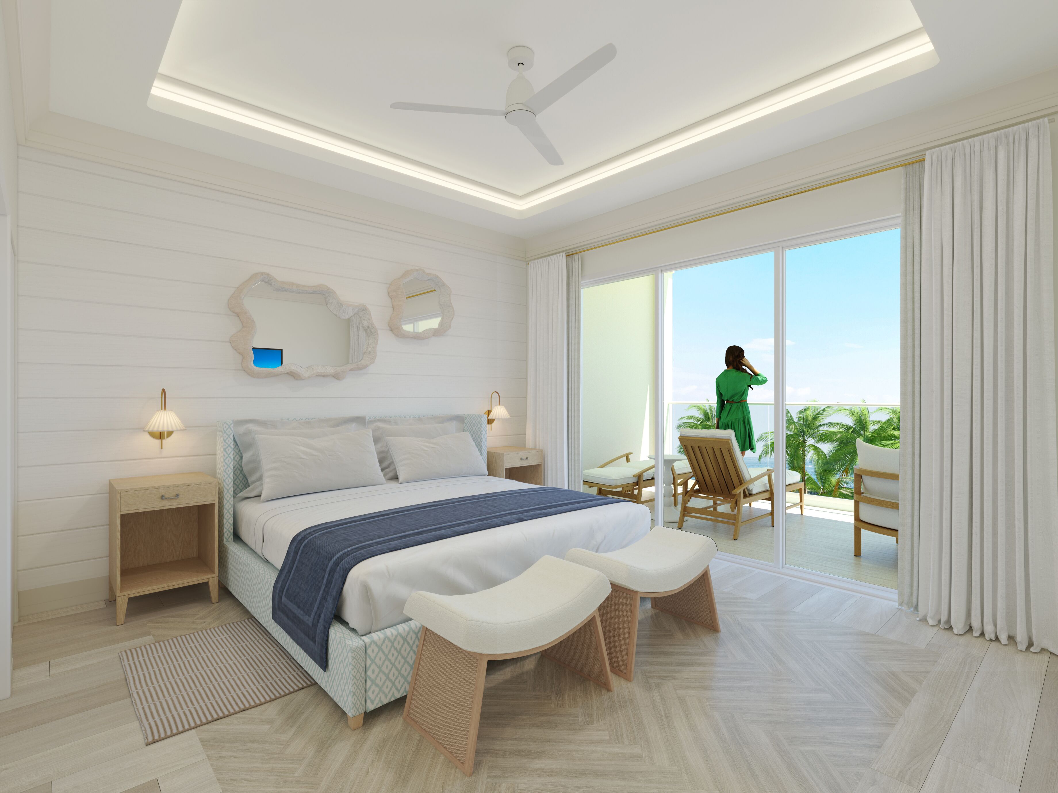 Quarto moderno com cama grande, mesas de cabeceira, ventilador de teto e varanda com vista para palmeiras.