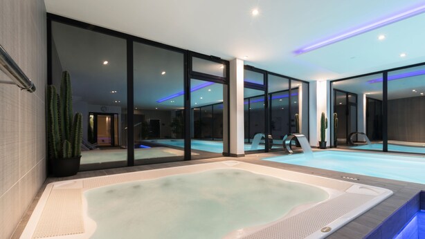 Una piscina interior moderna con paredes de vidrio, un jacuzzi y una planta de cactus.