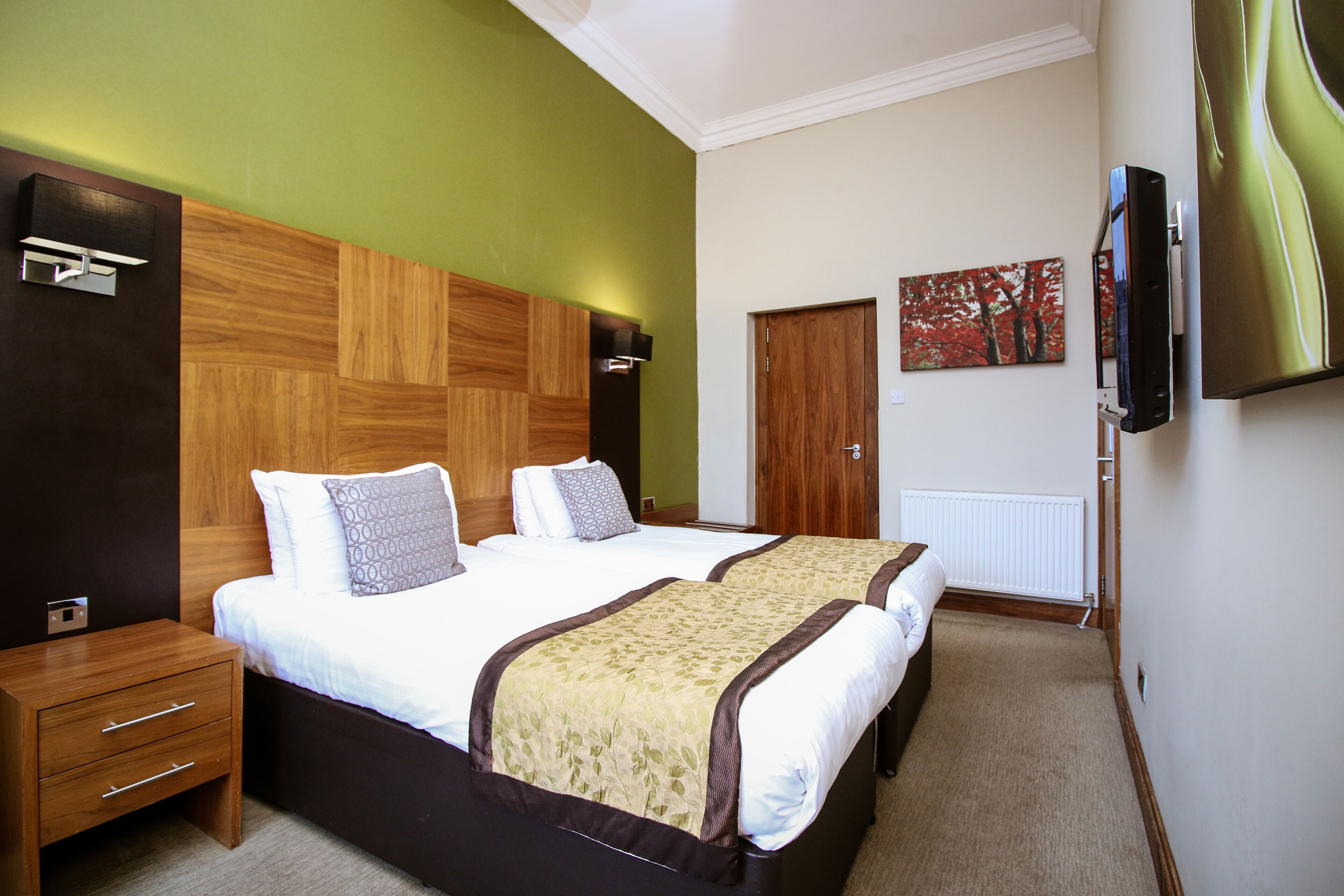 Habitación de hotel con dos camas, cabecera de madera, televisor de pantalla plana y un cuadro en la pared.