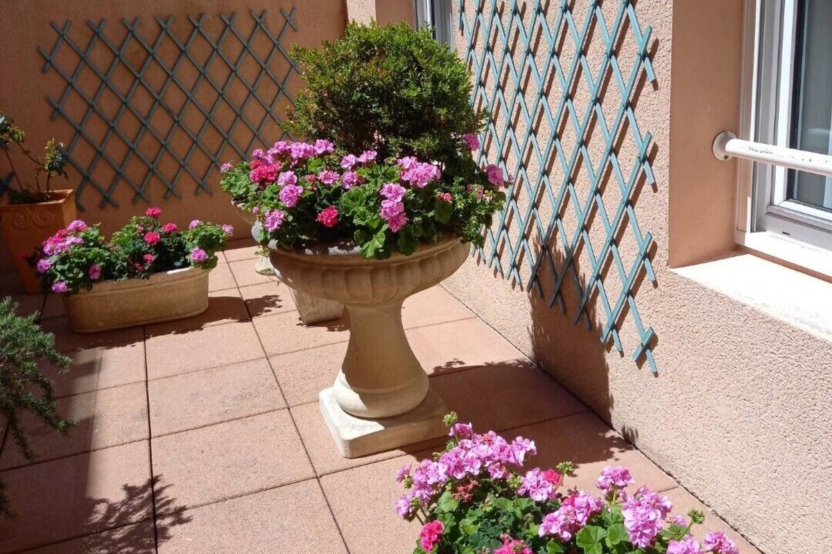 Una terraza con geranios en macetas, un cerramiento de celosía y un edificio con techo de tejas.