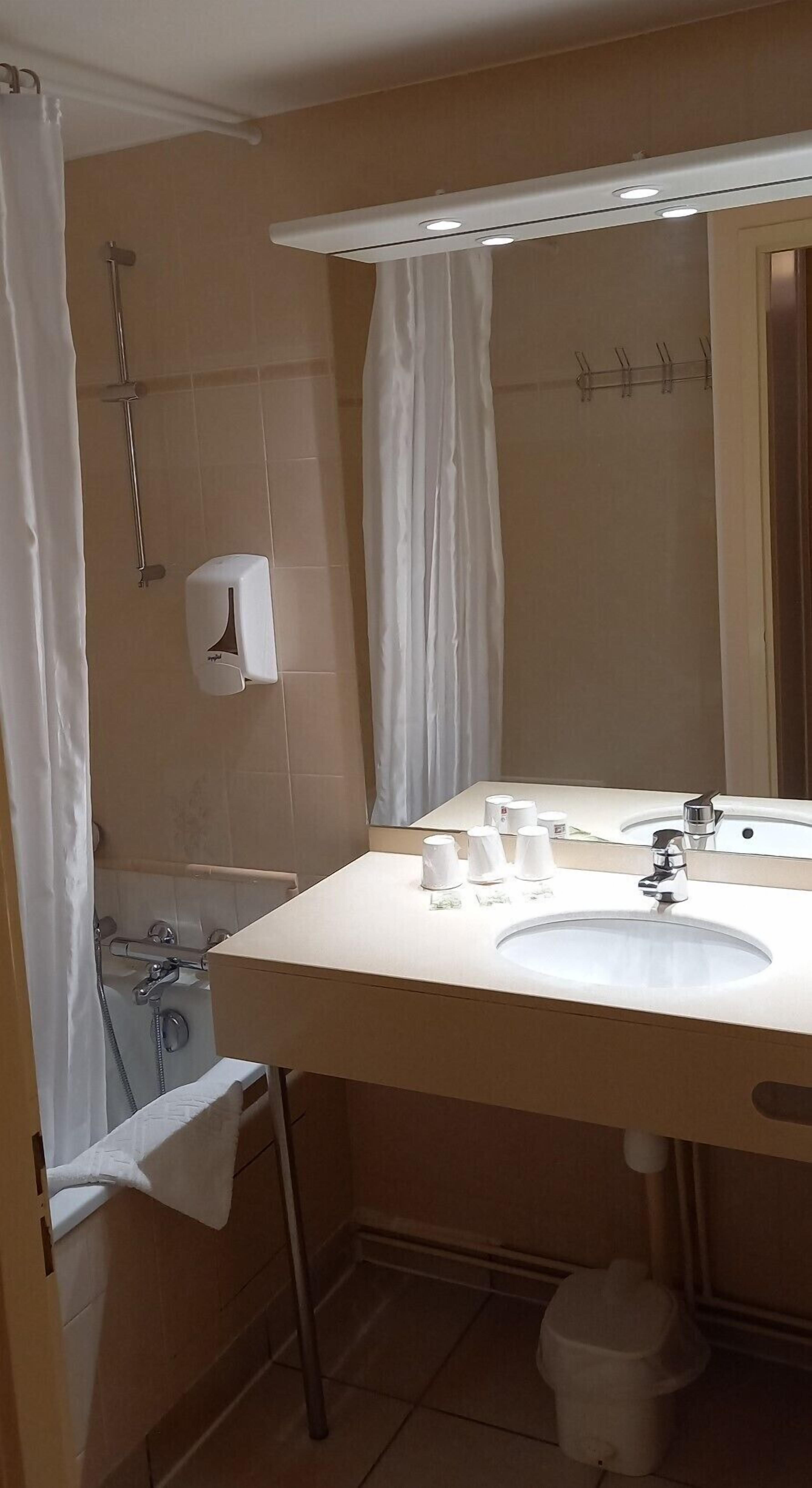 Een badkamer met een wastafel, spiegel, handdoekhouder, douchegordijn en een handdroger.