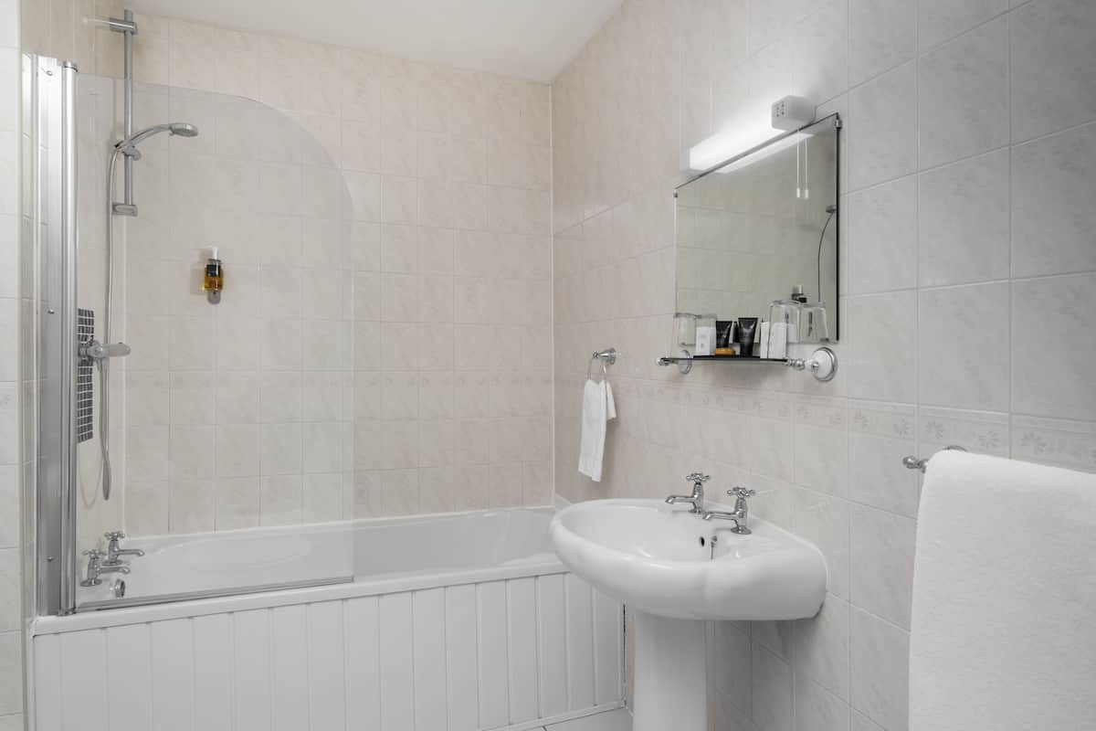 combined shower/bathtub, hair dryer, towels, soap