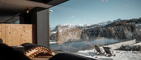 Indoor pool, outdoor pool, pool loungers