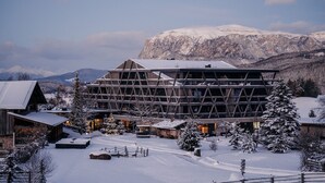 Un edificio moderno con fachada de madera, rodeado de árboles cubiertos de nieve y montañas al fondo.