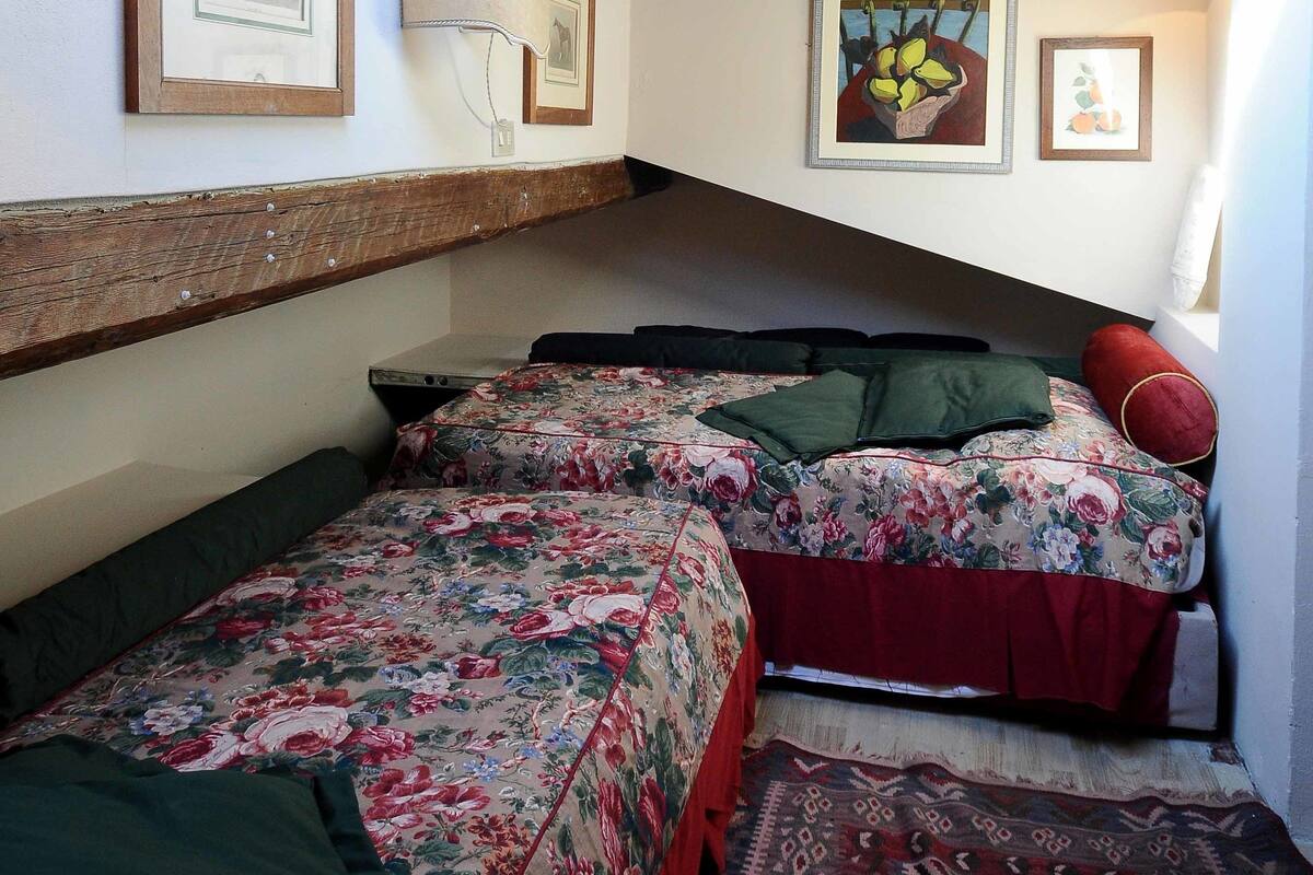 A room with two beds, a skylight, framed pictures, and a patterned rug.
