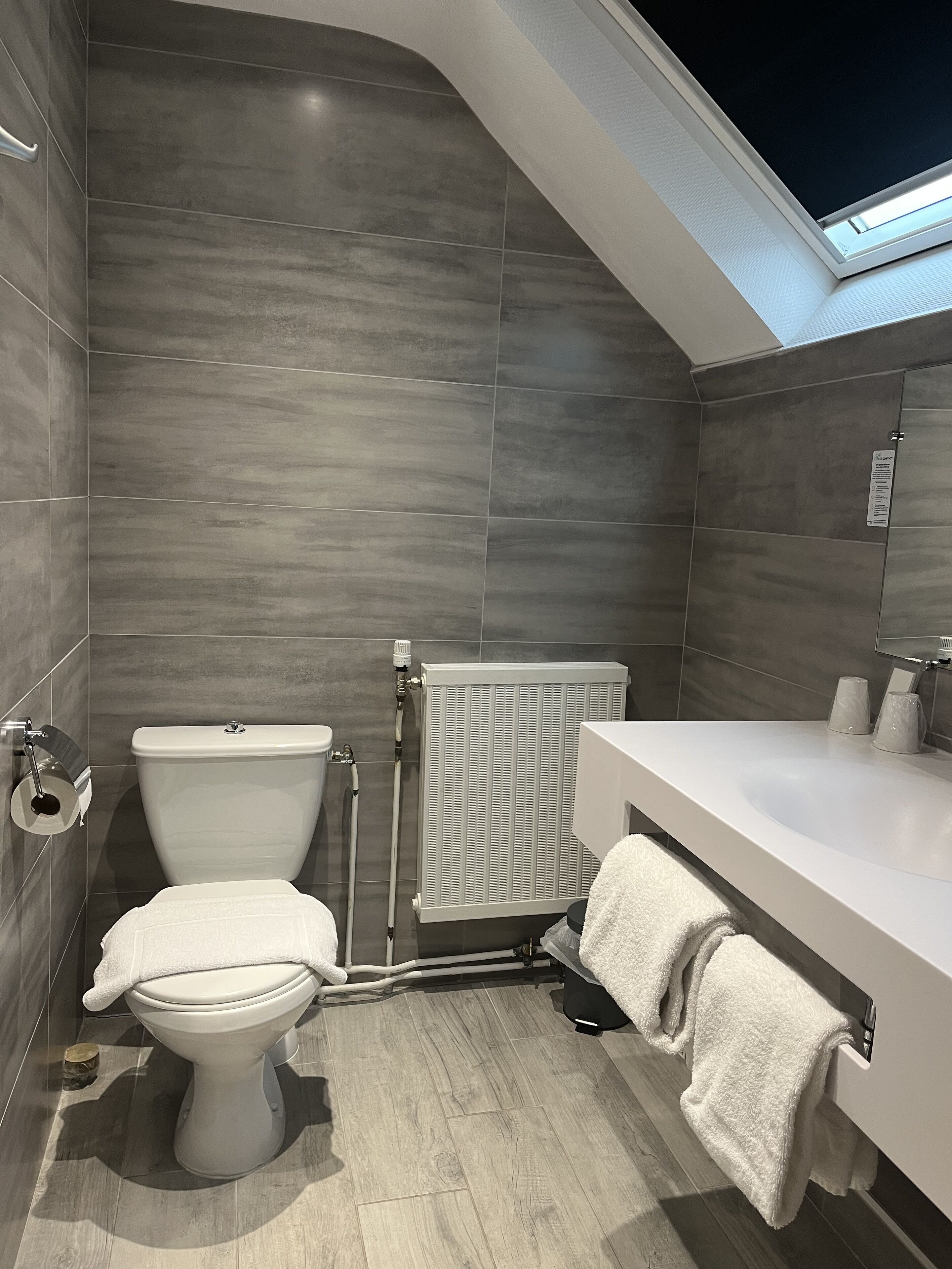Un baño moderno con tragaluz, inodoro, radiador y lavamanos con toalla.