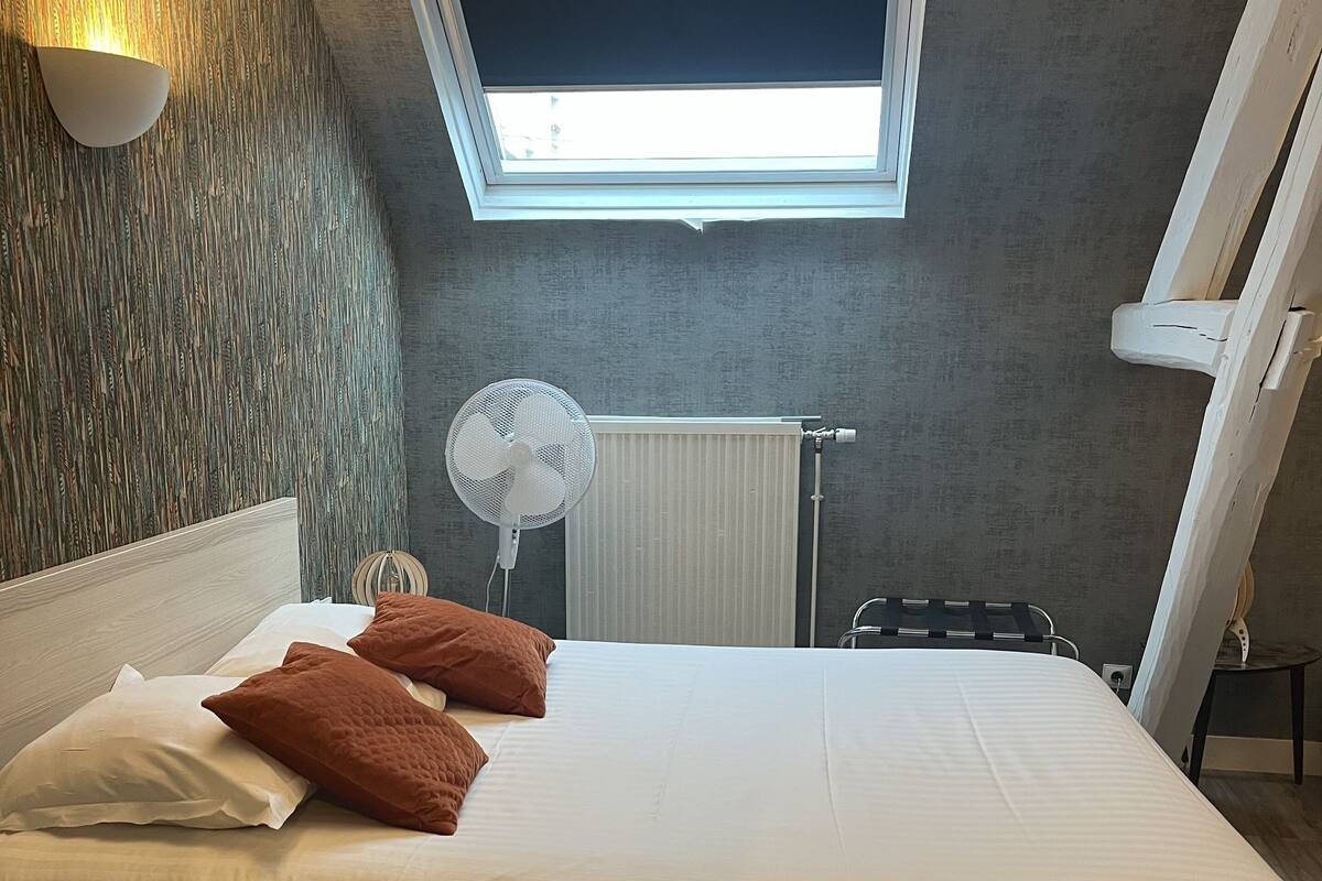Une chambre avec un puits de lumière, un lit avec une literie blanche et marron, un ventilateur sur pied et un radiateur.