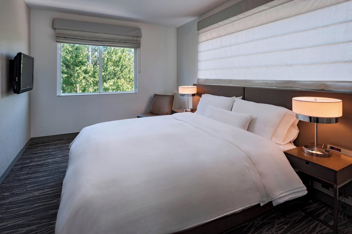 A hotel room with a large bed, two bedside lamps, a TV on the wall, and a window with a view of trees.