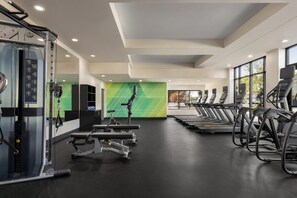 A gym with treadmills, weight machines, and a green wall.