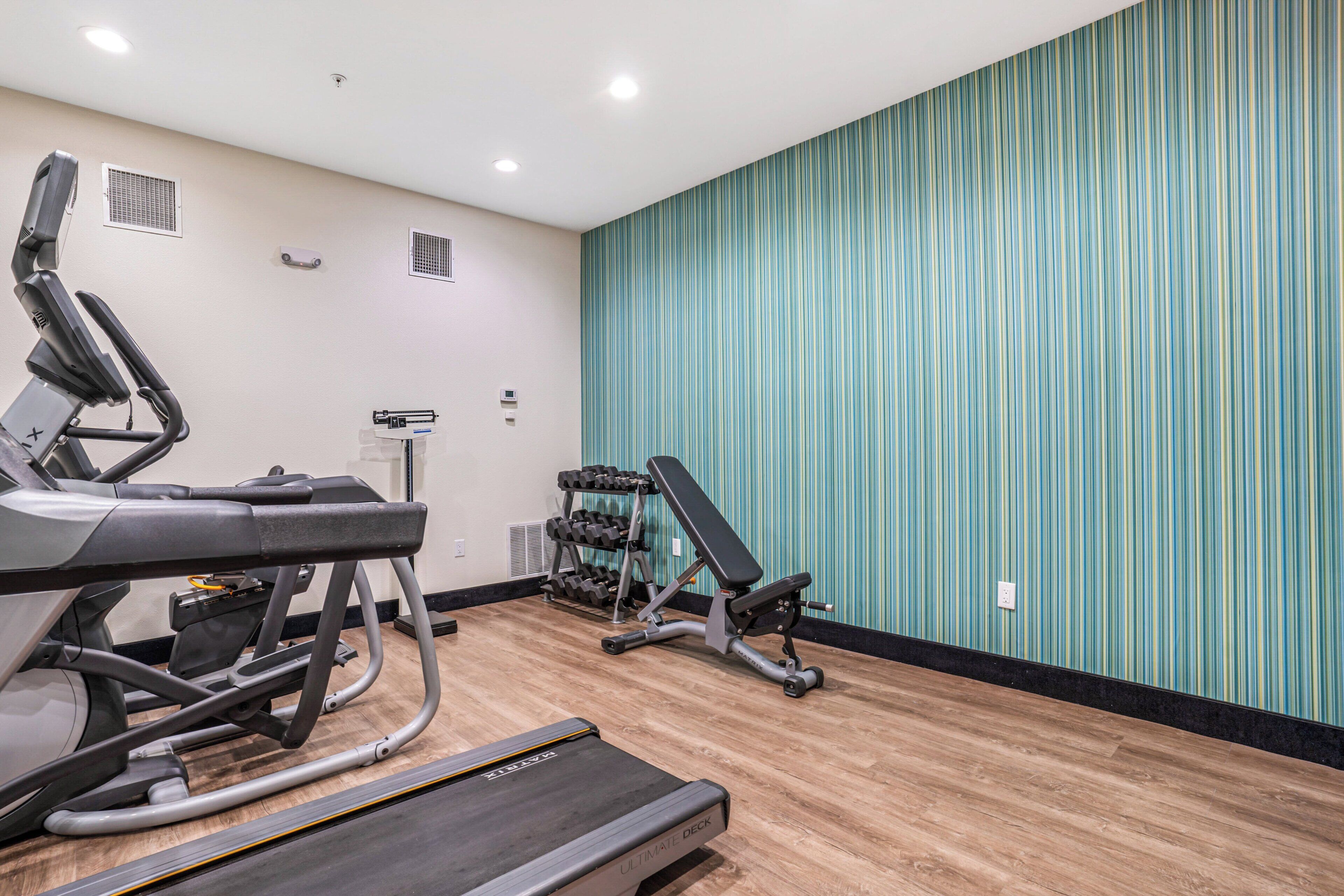 A gym with exercise equipment including treadmills, a bench, and dumbbells.