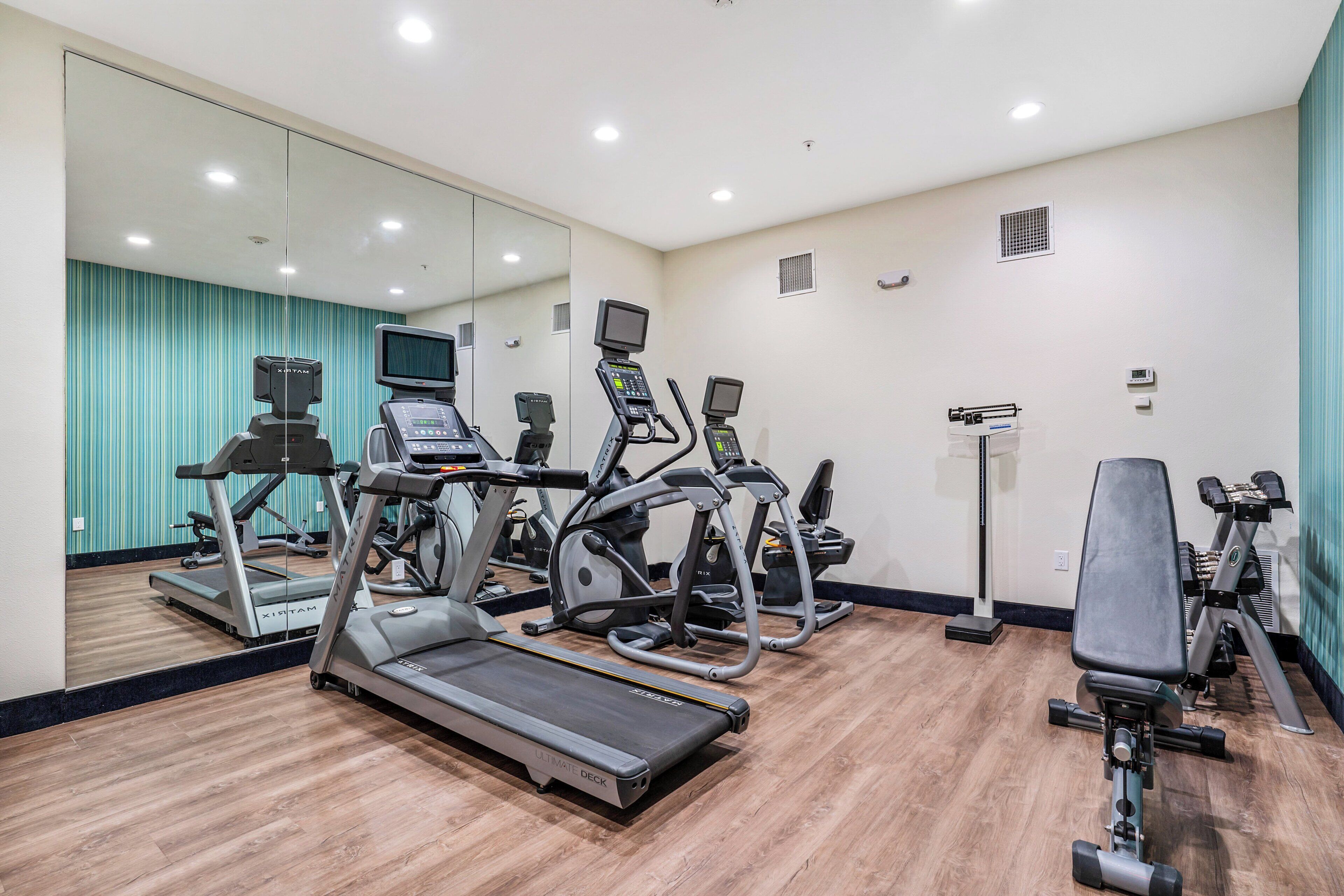 A gym with treadmills, elliptical machines, and a mirrored wall.
